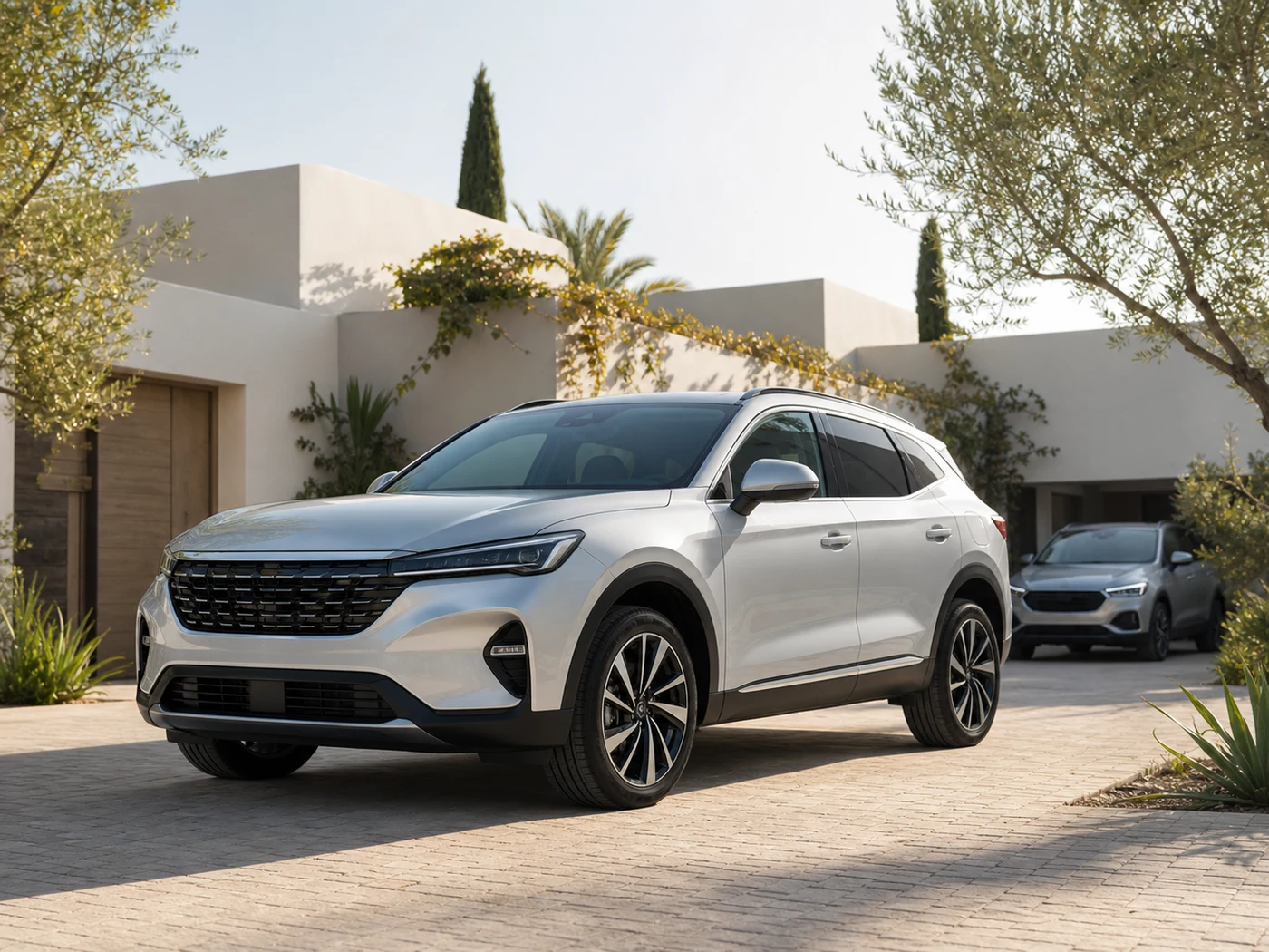 Two premium host vehicles on a bright residential driveway